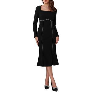 Women's Bodycon Dress Midi Square Neck Contrast Binding Mermaid Dress Black